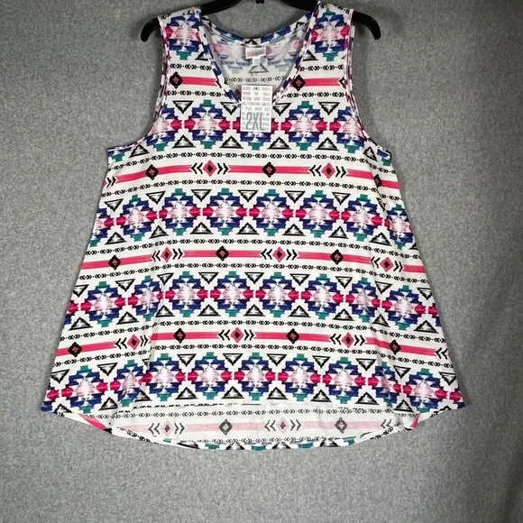 LuLaRoe 2XL Sleeveless Tunic TankTop Pink Blue Geometric Southwestern V-Neck NWT - Picture 2 of 7